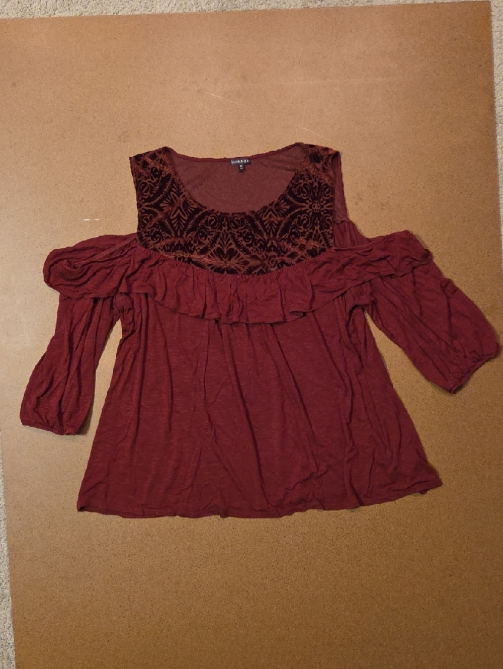 Hannah Wine Cold-Shoulder Ruffle Blouse